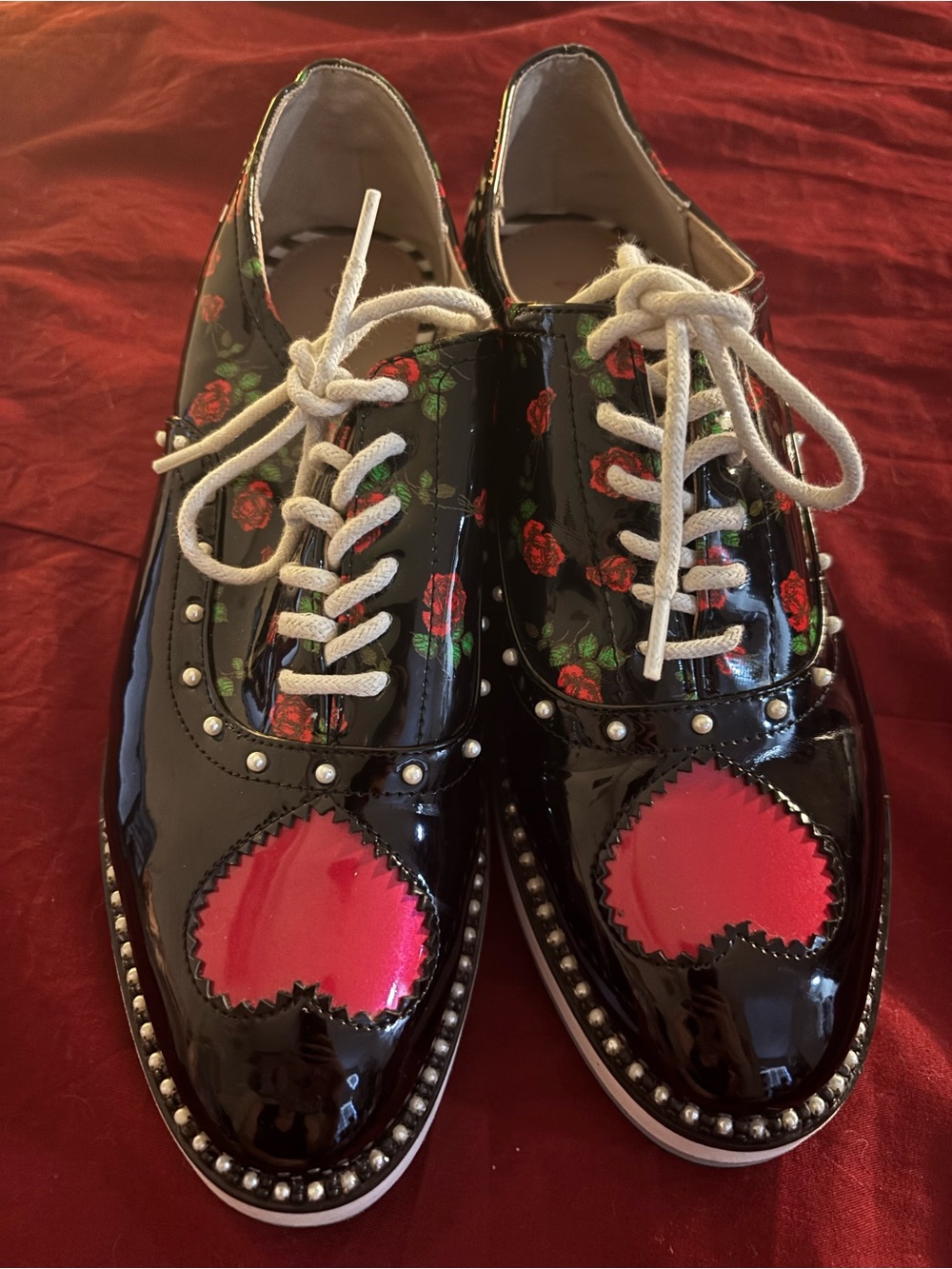 Betsey Johnson Black Patent Floral Oxfords with Red Heart Accents Size 8